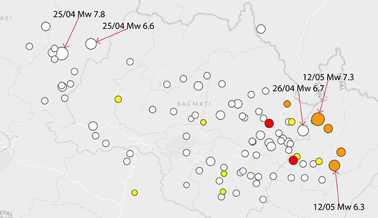 Localizzazione epicentri terremoti Nepal